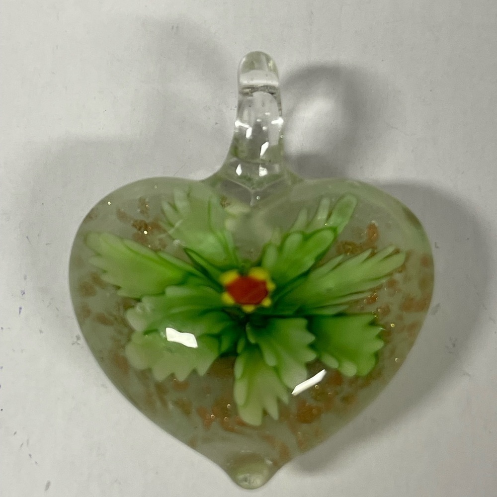 Heart Art Glass Green With gold sparkle Flower Pendant
